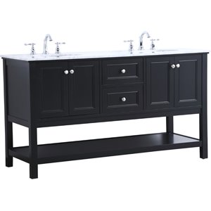 Pemberly Row 60&quot Double Sink Marble Top Bathroom Vanity in Black