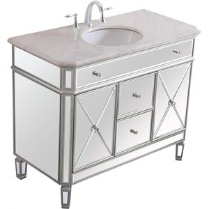 Pemberly Row 42&quot Single Marble Top Mirrored Bathroom Vanity in Silver