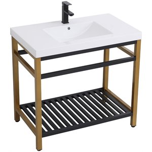 Pemberly Row 36&quot Single Resin Top Metal Bathroom Vanity in Gold and Black