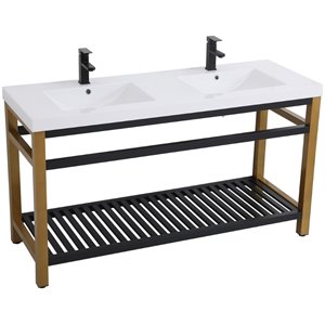 pemberly row 60&quot double resin top metal bathroom vanity in gold and black