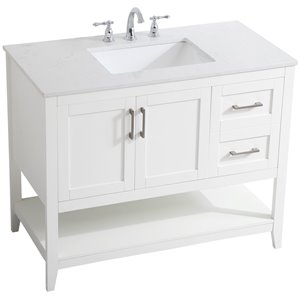 Pemberly Row Traditional 42&quot Single Quartz Top Bathroom Vanity in White
