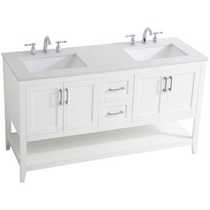 Pemberly Row Traditional 60&quot Double Quartz Top Bathroom Vanity in White