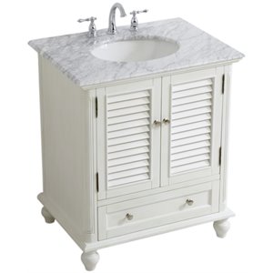 Pemberly Row 30&quot Single Marble Top Bathroom Vanity in Antique White