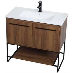 Pemberly Row 36&quot Single Porcelain Top Bathroom Vanity in Walnut Brown