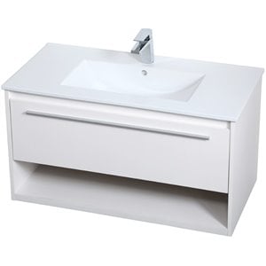 Pemberly Row 36&quot Single Porcelain Top Floating Bathroom Vanity in White