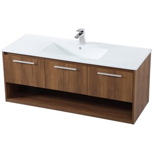 Pemberly Row 48&quot Single Porcelain Top Floating Bathroom Vanity in Walnut