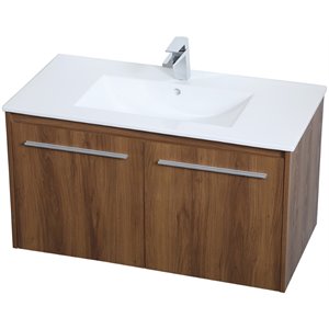 Pemberly Row 36&quot Single Porcelain Top Floating Bathroom Vanity in Walnut