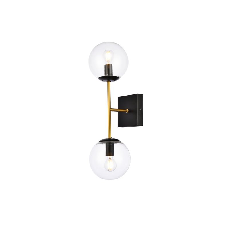 Pemberly Row 2-Light Metal Wall Sconce w/ Clear Shade in Black and Brass