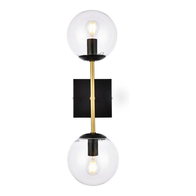 Pemberly Row 2-Light Metal Wall Sconce w/ Clear Shade in Black and Brass