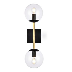 Pemberly Row 2-Light Metal Wall Sconce w/ Clear Shade in Black and Brass