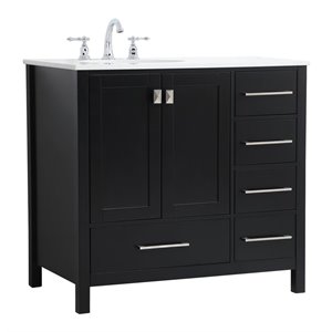 Pemberly Row 36&quot Solid Wood and Stone Single Bathroom Vanity in Black