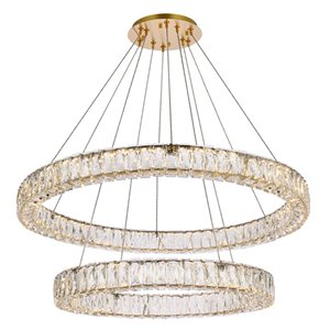 Pemberly Row 36&quot Metal & Crystal LED Double Ring Chandelier in Gold