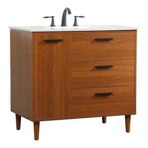 Pemberly Row Modern 36&quot Solid Wood and MDF Bathroom Vanity in Teak