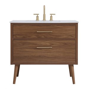Pemberly Row 36&quot Engineered Stone Steel Bathroom Vanity in Walnut Brown