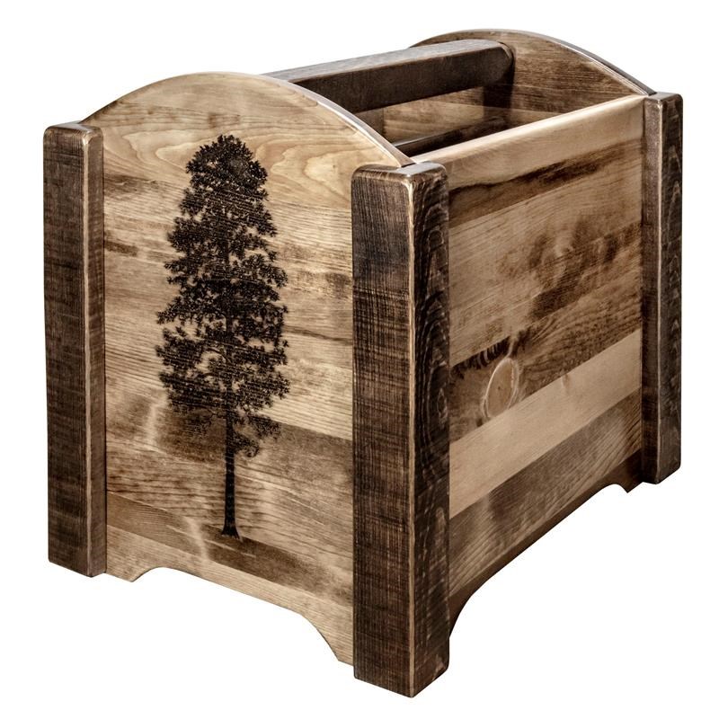 Pemberly Row Transitional Wood Magazine Rack with Pine Design in Brown
