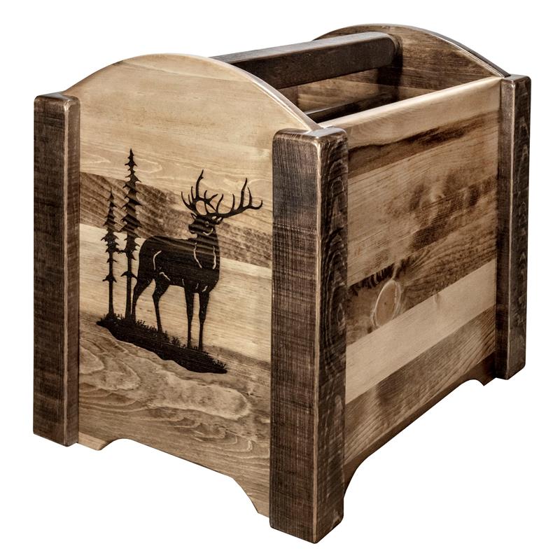 Pemberly Row Transitional Wood Magazine Rack with Elk Design in Brown