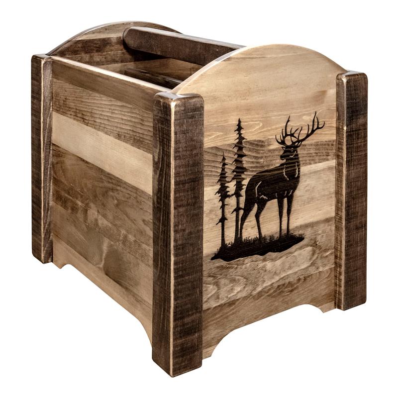 Pemberly Row Transitional Wood Magazine Rack with Elk Design in Brown