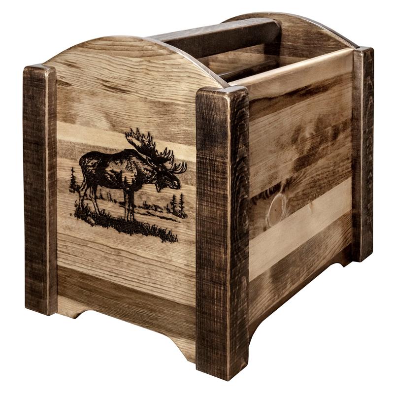 Pemberly Row Transitional Wood Magazine Rack with Moose Design in Brown