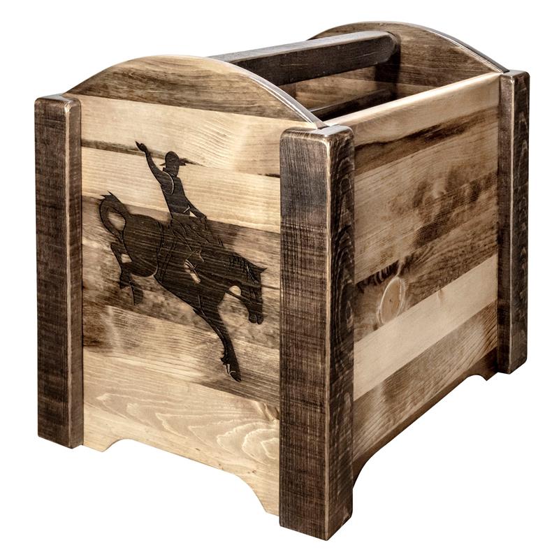 Pemberly Row Transitional Wood Magazine Rack with Bronc Design in Brown