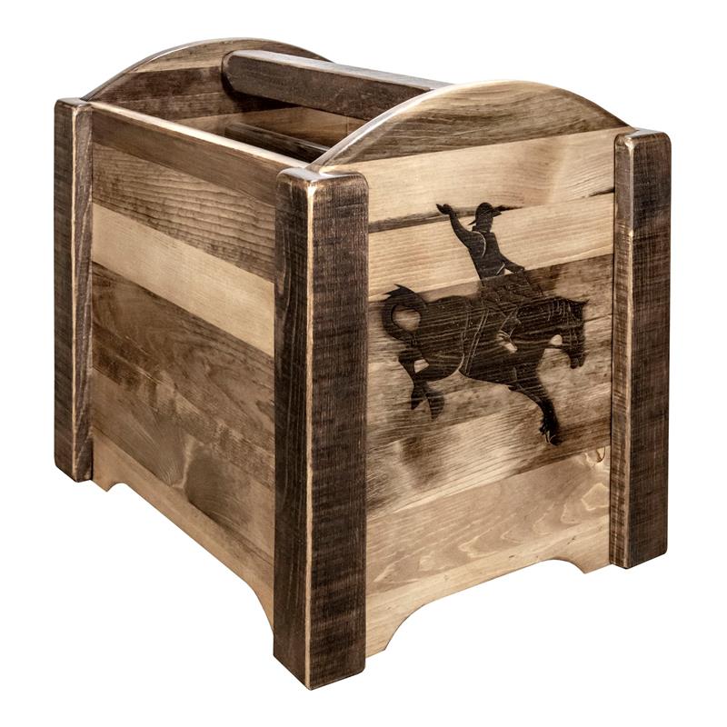 Pemberly Row Transitional Wood Magazine Rack with Bronc Design in Brown