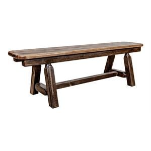 Pemberly Row Transitional 5ft Solid Pine Wood Plank Style Bench in Brown