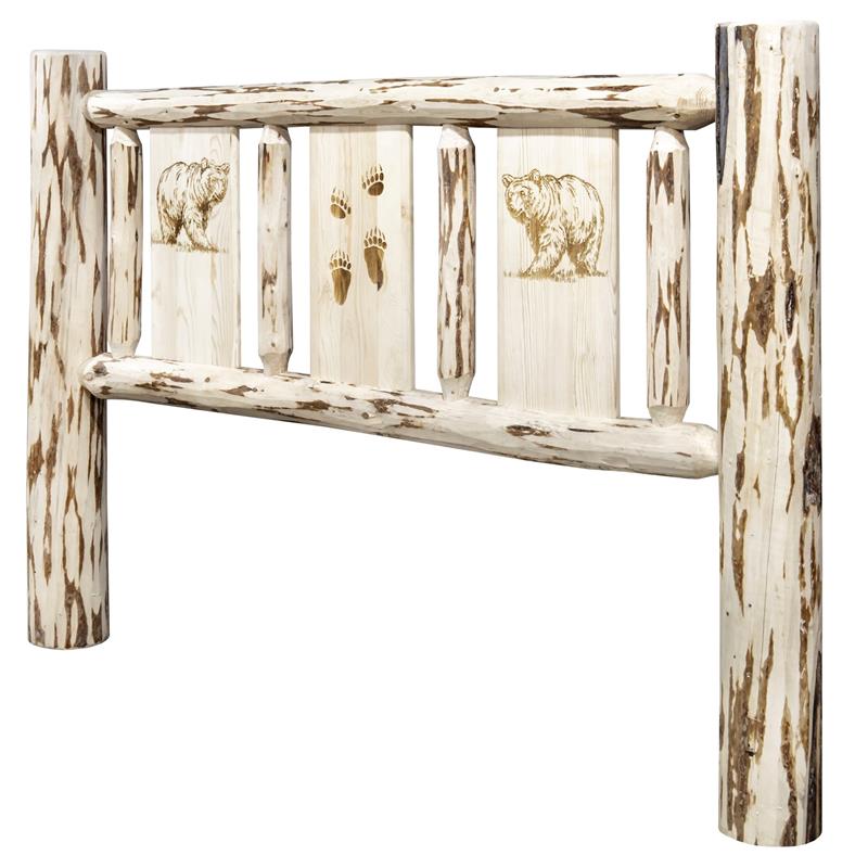 Pemberly Row Wood Twin Headboard with Laser Engraved Bear Design in Natural