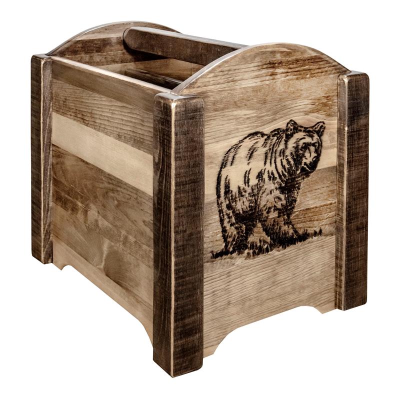 Pemberly Row Transitional Wood Magazine Rack with Bear Design in Brown