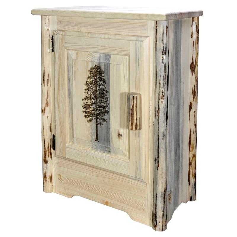 Pemberly Row Wood Accent Cabinet with Laser Engraved Pine Design in Natural