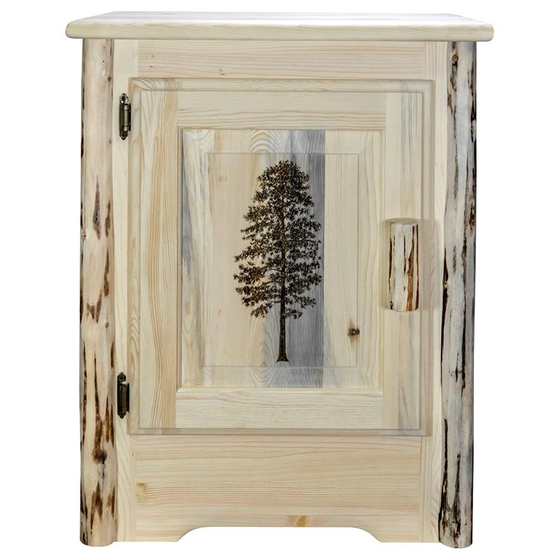 Pemberly Row Wood Accent Cabinet with Laser Engraved Pine Design in Natural