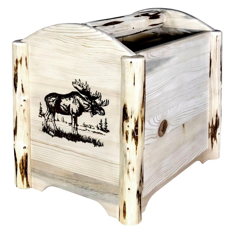 Pemberly Row Wood Magazine Rack with Engraved Moose Design in Natural