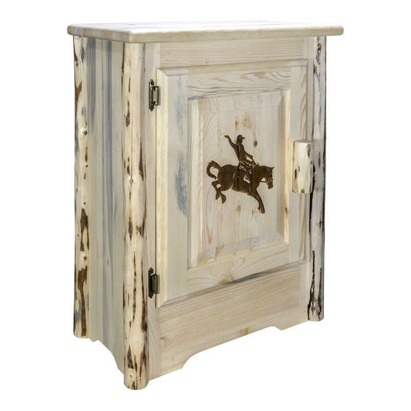Pemberly Row Wood Accent Cabinet with Laser Engraved Bronc in Natural