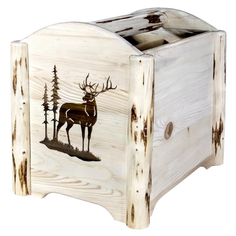 Pemberly Row Wood Magazine Rack with Engraved Elk Design in Natural