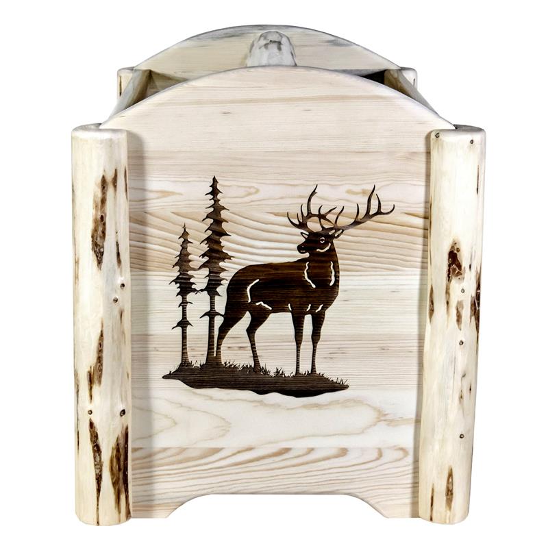 Pemberly Row Wood Magazine Rack with Engraved Elk Design in Natural