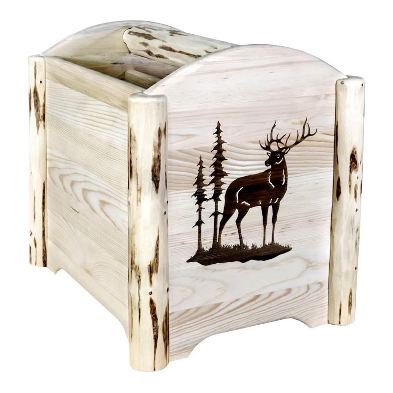 Pemberly Row Wood Magazine Rack with Engraved Elk Design in Natural