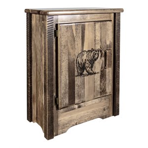 Pemberly Row Pine Wood Accent Cabinet with Engraved Bear in Brown