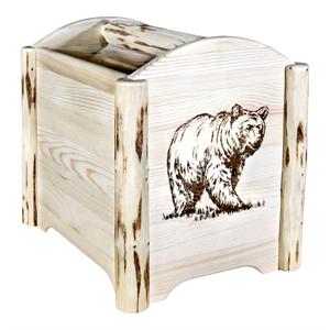 Pemberly Row Wood Magazine Rack with Laser Engraved Bear Design in Natural