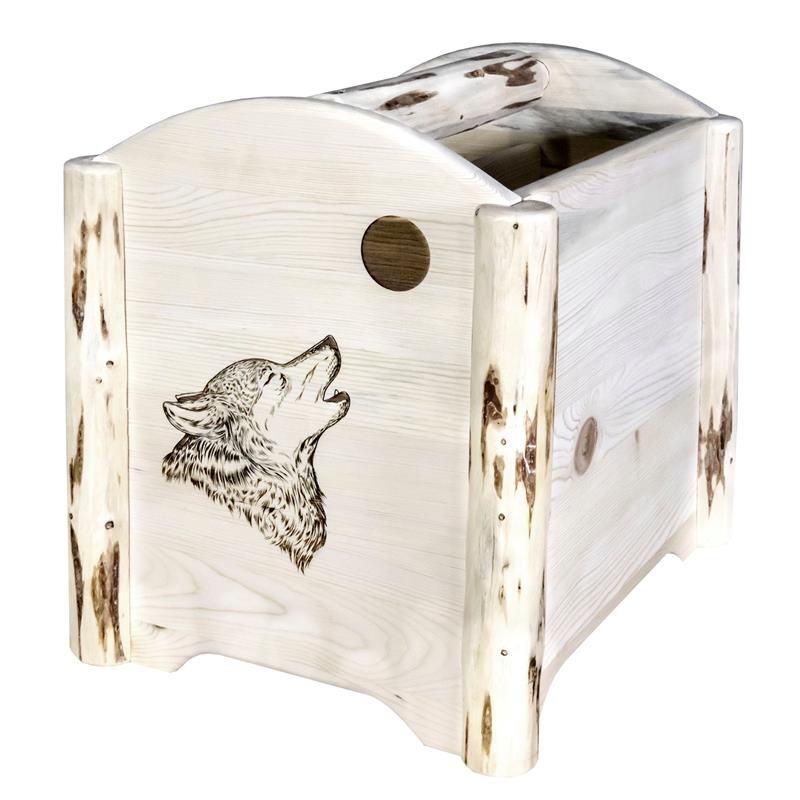 Pemberly Row Wood Magazine Rack with Engraved Wolf Design in Natural