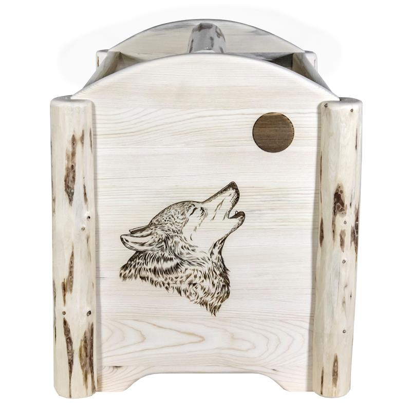 Pemberly Row Wood Magazine Rack with Engraved Wolf Design in Natural