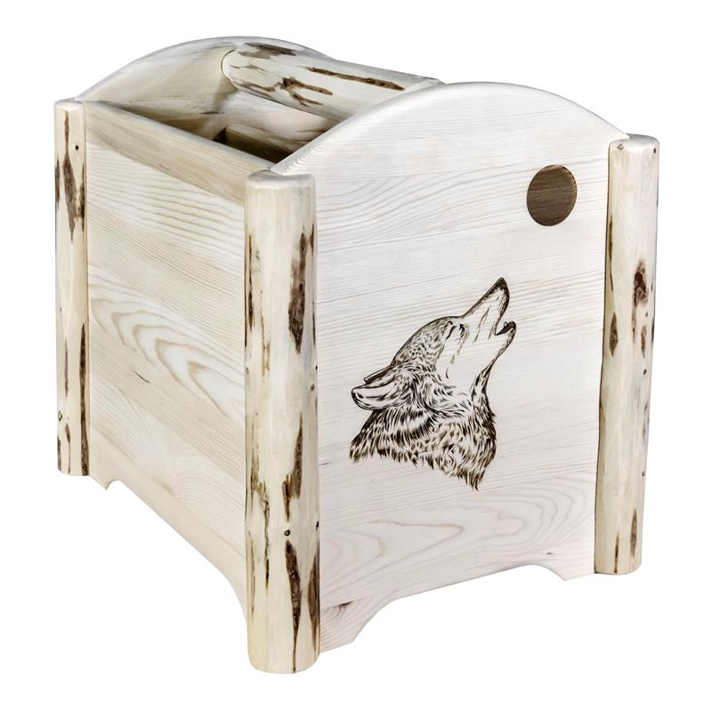 Pemberly Row Wood Magazine Rack with Engraved Wolf Design in Natural
