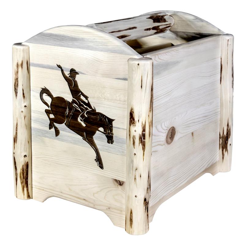 Pemberly Row Wood Magazine Rack with Engraved Bronc Design in Natural