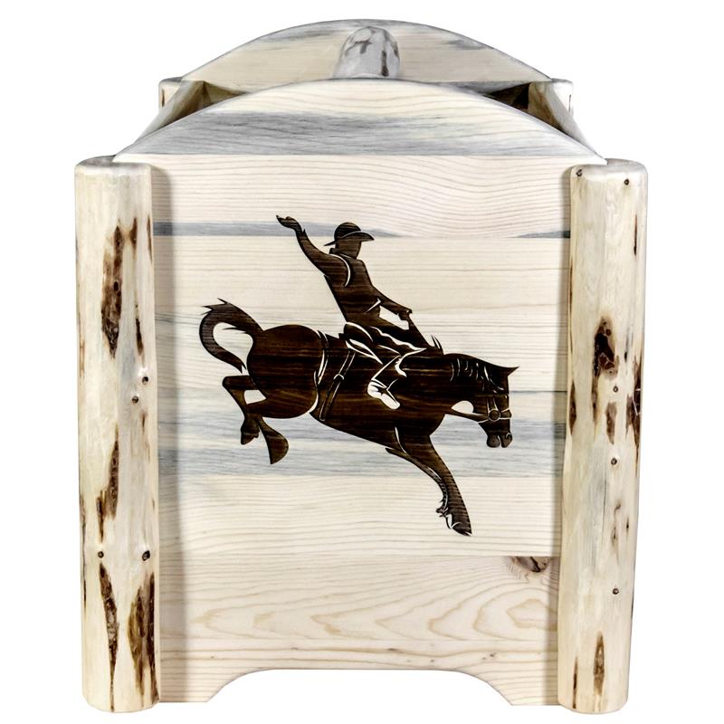 Pemberly Row Wood Magazine Rack with Engraved Bronc Design in Natural