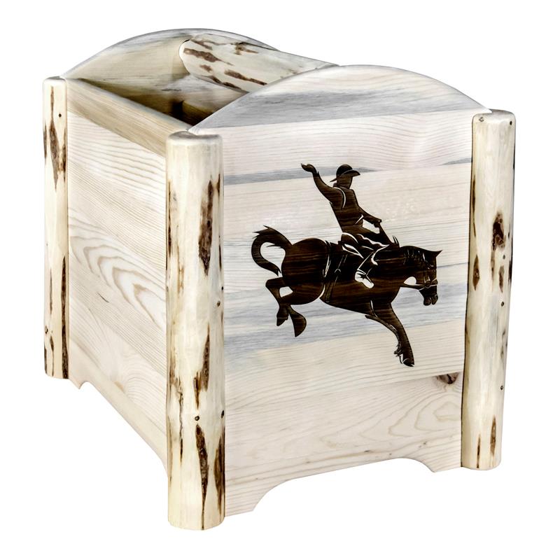 Pemberly Row Wood Magazine Rack with Engraved Bronc Design in Natural