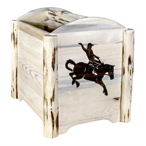 Pemberly Row Wood Magazine Rack with Engraved Bronc Design in Natural