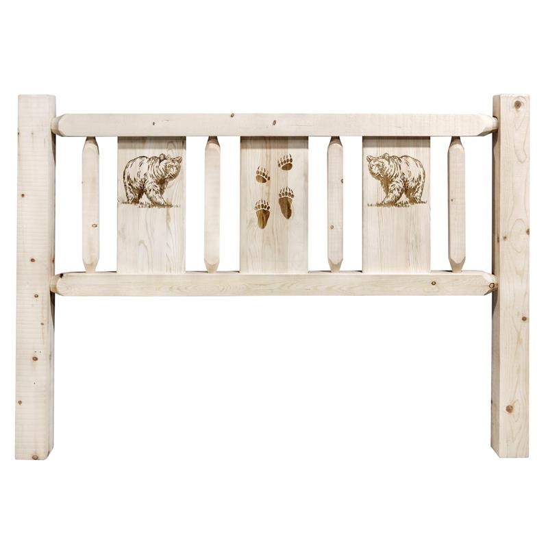 Pemberly Row Wood Twin Headboard with Engraved Bear in Natural