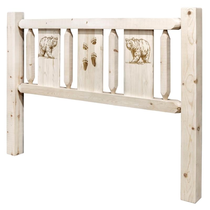 Pemberly Row Wood Twin Headboard with Engraved Bear in Natural