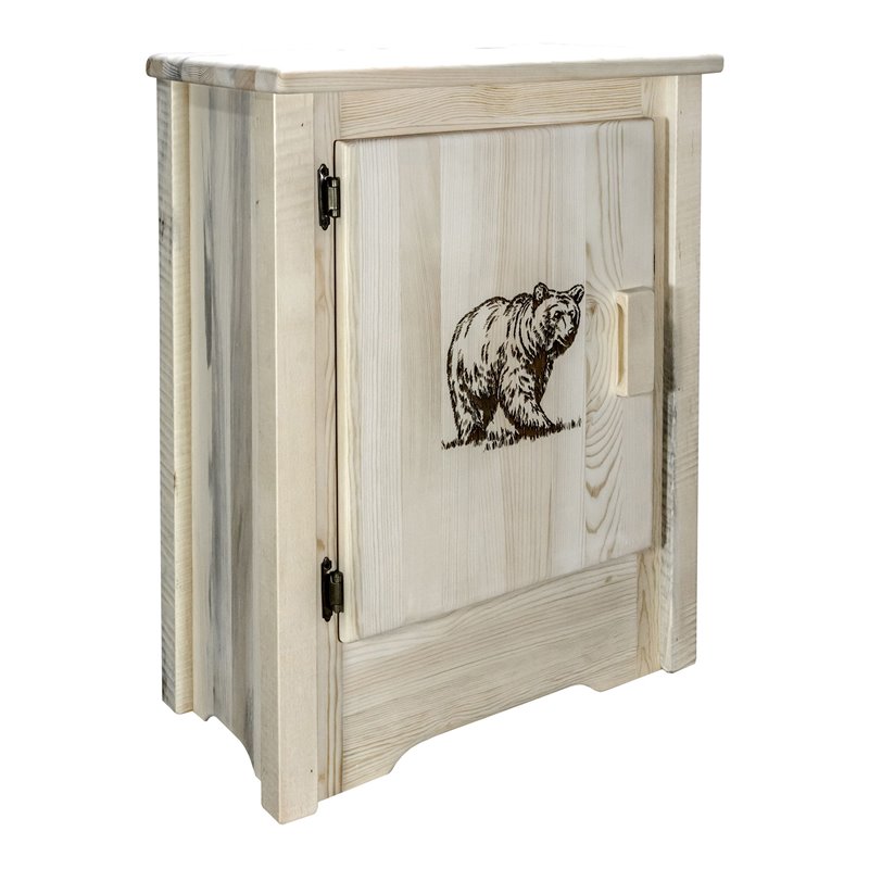 Pemberly Row Pine Wood Accent Cabinet with Bear Design in Natural