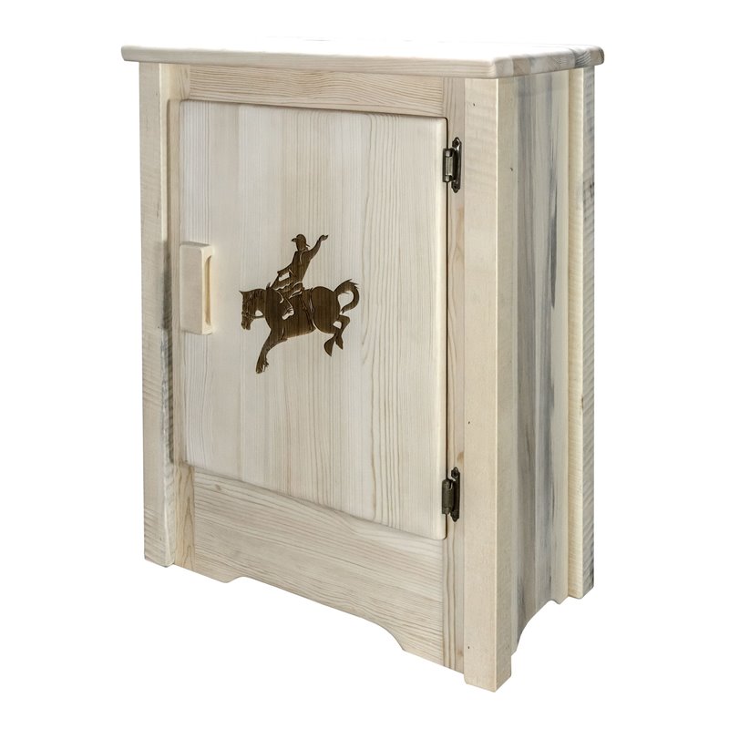 Pemberly Row Wood Accent Cabinet with Engraved Bronc in Natural