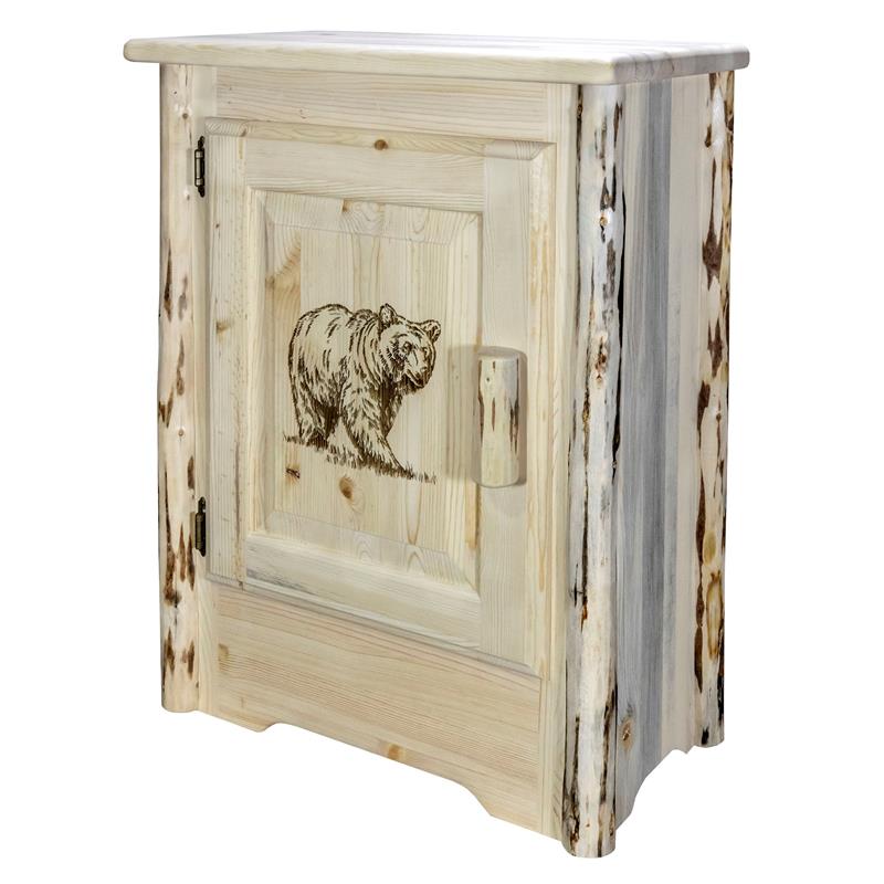 Pemberly Row Wood Accent Cabinet with Laser Engraved Bear Design in Natural