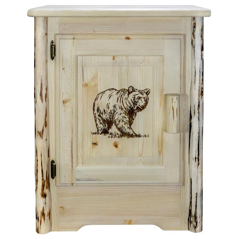 Pemberly Row Wood Accent Cabinet with Laser Engraved Bear Design in Natural