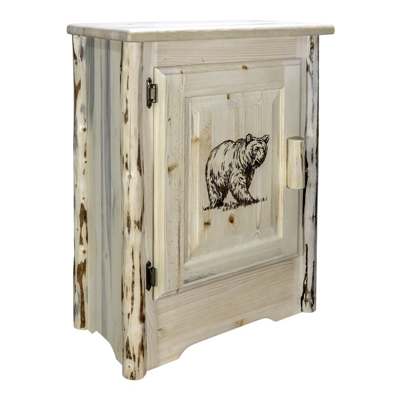 Pemberly Row Wood Accent Cabinet with Laser Engraved Bear Design in Natural